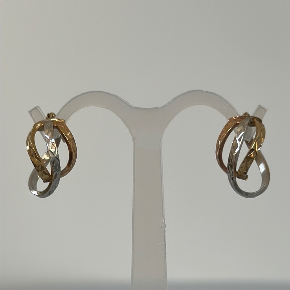 10k real solid gold hoops Curved Earrings with 3 ToneReal gold Design